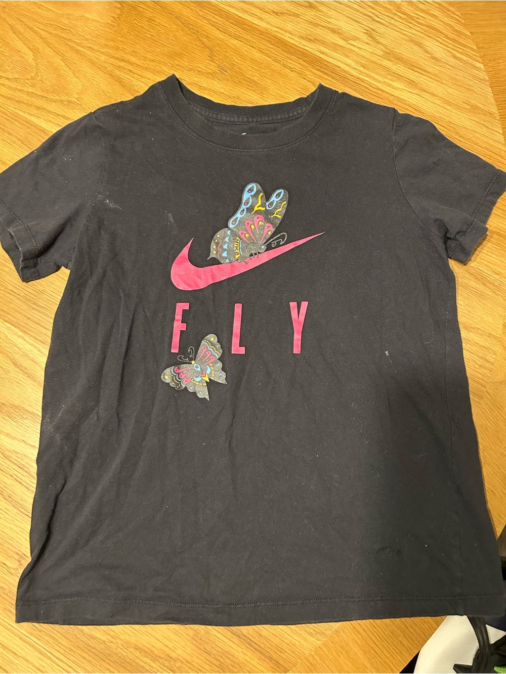 Nike Black Tee with Pink Swoosh & Multicolor Butterfly Graphics